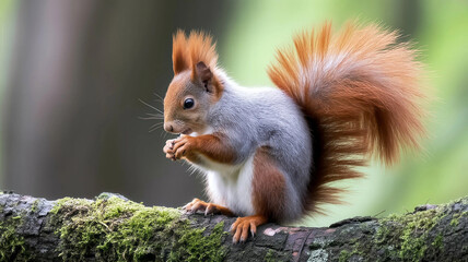 A red squirrel standing on a mossy tree branch eating a nut outdoors