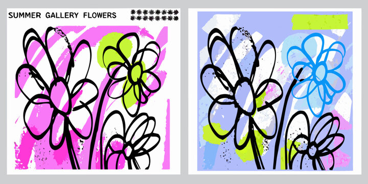 Abstract floral designs with bold colors and line work displayed as gallery art