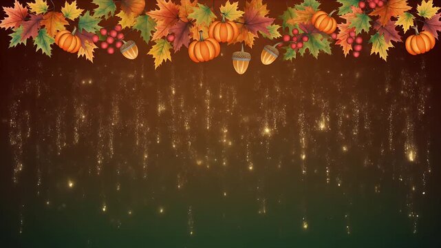Autumn Harvest Garland with Pumpkins and Leaves Hanging in Warm Low Light