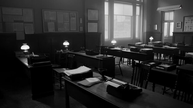 Newsroom in the 1940s with old desks and typewriters, black and white featuring office, vintage, monochromatic with lamps and papers elements for