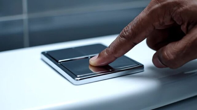 Close-up shot of a chrome toilet flush button being pressed and activated with slow-motion sound