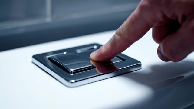Close-up of hand pressing the modern dual-flush toilet button in bathroom for hygiene