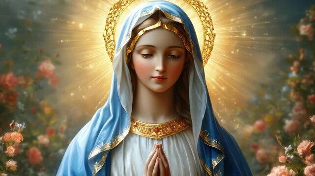 Blessed Mary, serene in prayer, surrounded by vibrant garden roses, illuminated by a radiant golden halo, evoking heavenly grace, purity, and profound spiritual devotion