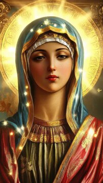 Blessed Virgin Mary, serene spiritual essence, divine radiant light, golden halo, traditional iconic depiction, sacred holy figure, embodying purity and grace