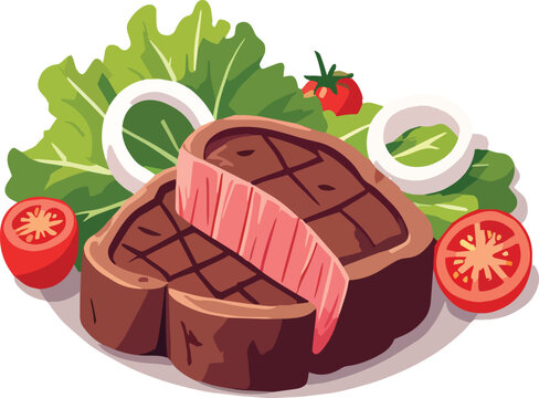 bistecca al sangue con insalata pomodori e cipolla al piatto vettoriale