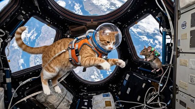 Cat and mouse floating in zero gravity inside space station window