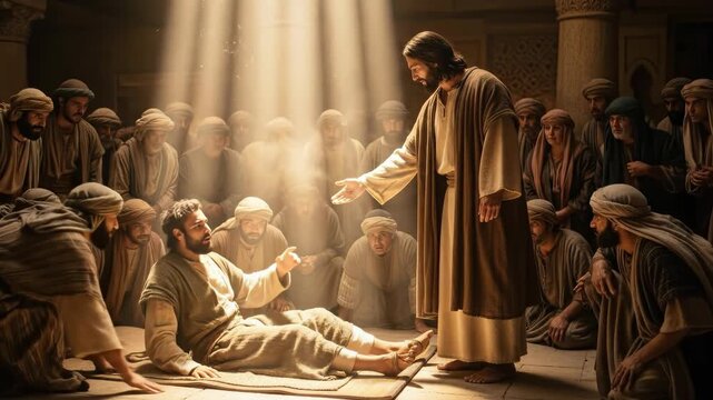 Jesus Christ performs a miracle, healing a paralytic man in front of a crowd, illustrating faith, divine power, and religious narrative, conveying themes of hope and salvation, bible story,