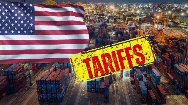 The American flag, Import and Export, Illustration of US trade policy and the impact of tariffs on global logistics.
