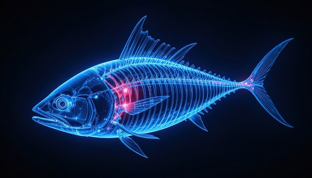 3D glowing tuna fish digital x-ray illustration futuristic neon blue science technology