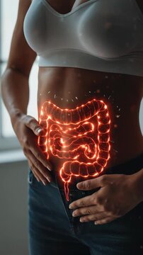 Woman holding her belly with glowing red intestines, symbolizing chronic stomach pain, severe digestive system discomfort, gut health issues, internal organ inflammation, medical illness