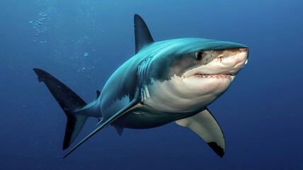 Obraz premium A large blue shark swimming underwater in the ocean with bubbles rising