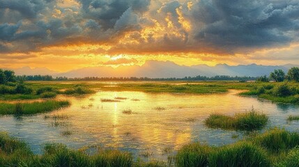 Fototapeta premium golden sunset over a marshy wetland with dramatic clouds, reflective water and distant mountains, peaceful and awe-inspiring