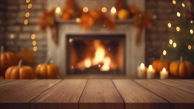 Cozy Fireplace Burning with Lit Pumpkins and Warm Autumn Decorations in Rustic Home