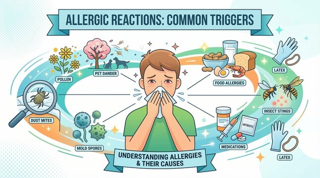 Detailed infographic explaining common allergic reactions and their diverse triggers including pollen, pet dander, specific foods, and medications, illustrating typical human symptoms