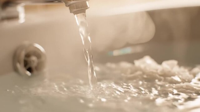 Closeup view of water pouring from a faucet into a porcelain sink with Epsom salt, dissolving to create steam