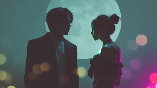 日本人の男女がネオンの微光と満月の逆光で都会の夜に向き合う