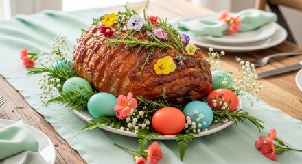 Festive Ham Feast: A beautifully presented glazed ham, adorned with colorful eggs, fresh flowers, and greenery, sits atop a table set for a joyous Easter celebration.