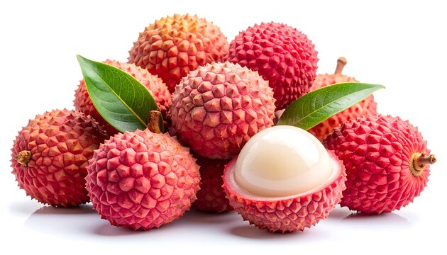 A close-up shot of a pile of pinkish-red, textured fruits with green leaves, one partially peeled, revealing white flesh