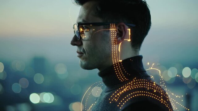 Profile of tech executive wearing glasses with futuristic digital data light overlay on city bokeh background, concept for artificial intelligence, cyber security and digital transformation