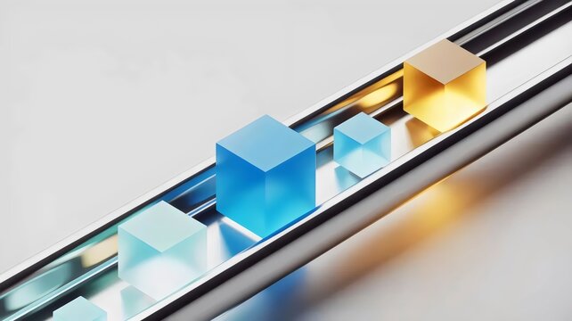 Chrome pipeline channel with geometric squares and gold cube &ndash; Perfect for manufacturing tech, supply chain innovation, or logic flow.