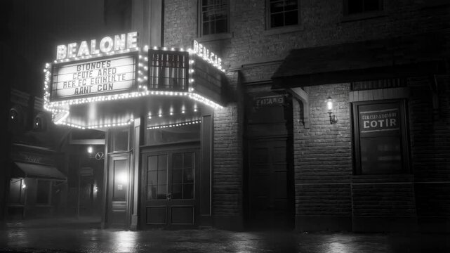 Cinema exterior with marquee sign at night in small town featuring black and white, movie theater, building with brick and architecture elements for