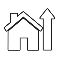 Fototapeta premium A simple line drawing depicts a house with an upward arrow.