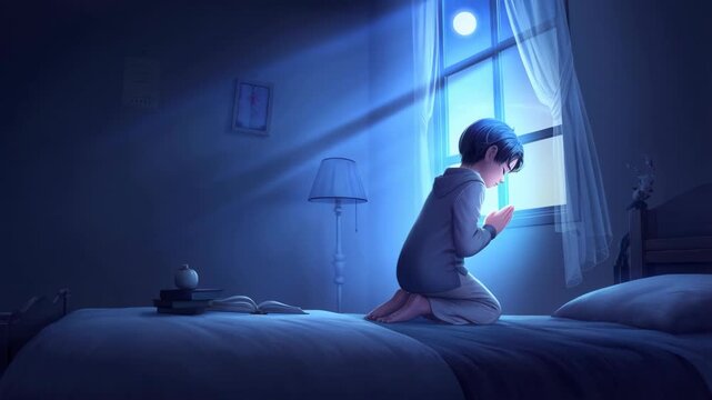 Child kneeling in prayer beside a bed at night with hands clasped together featuring bedroom, praying, moonlight with window and blue elements for