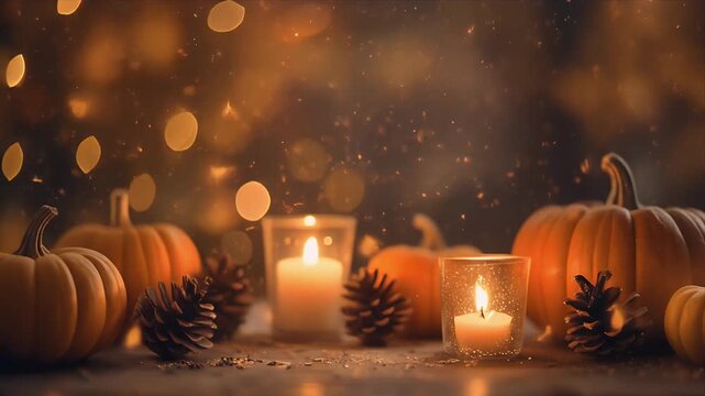 Cozy Autumn Decor with Lit Candles and Pumpkins on Rustic Tabletop