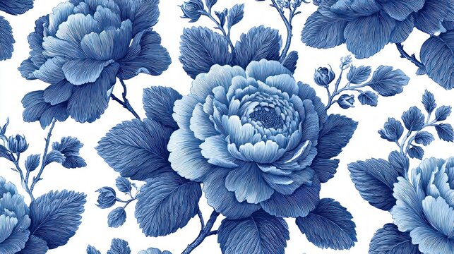 Elegant blue floral pattern with intricate peony and leaf details on a white background