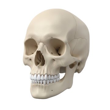 Human skull anatomical model showing teeth on plain white background