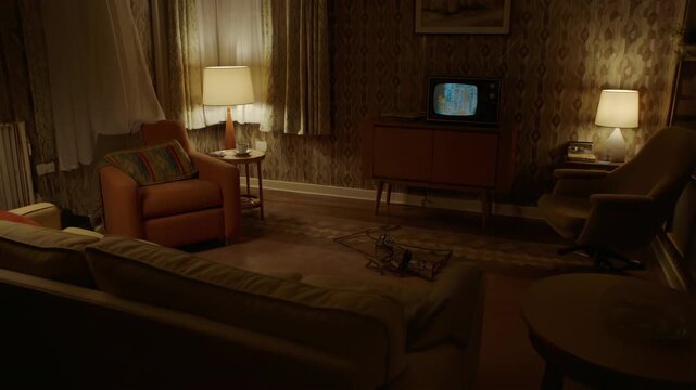 Apartment living room in the evening with soft lighting and vintage decor featuring interior, retro, 1970s with furniture and couch elements for