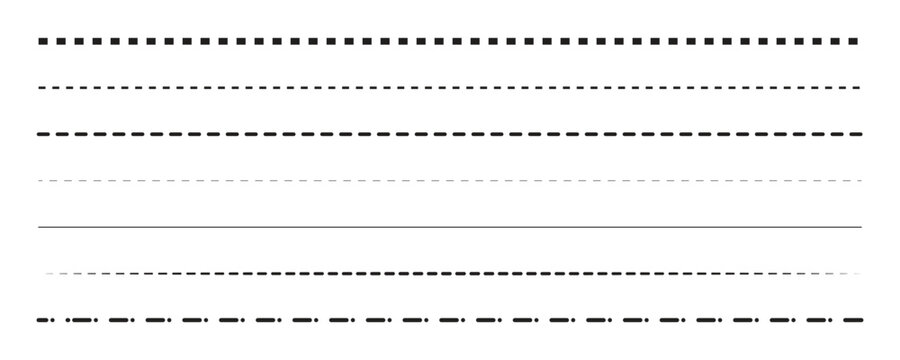 Set of black dashed, dotted, and solid lines. Abstract dashed border divider. Vector illustration