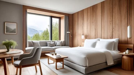 Fototapeta premium Modern hotel room with large window overlooking serene mountain landscape and cozy seating area