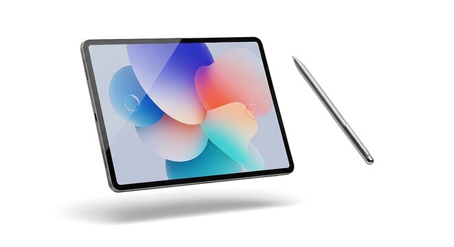 Modern Tablet with Stylus on White Background.
