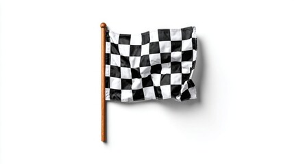 Fototapeta premium Checkered flag waving on a wooden pole against a clean white background, symbolizing victory