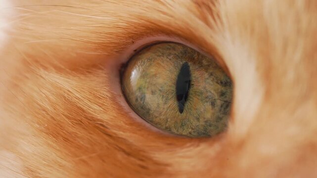 Macro view of a domestic ginger cat's beautiful green eye, with its vertical pupil slowly dilating and contracting while the animal is looking around, showcasing every detail of the iris