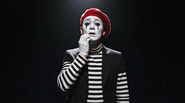 Mime Artist Performing Dramatic Monologue in Black and White with Red Beret