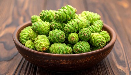 Fototapeta premium A close-up shot of a rustic ceramic bowl filled with vibrant green hop cones, set against a dark wooden surface