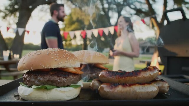 Close up of delicious grilled hamburgers and sausages on smoking barbecue grill outdoors with couple in background, concept for summer garden party, outdoor cooking event and backyard gathering