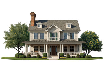 Naklejka premium Residential house featuring gables, chimney, and landscaped yard. Concepts of living, family, property, and urban development. Transparent background