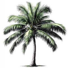 Obraz premium single tropical palm tree with lush green fronds, textured trunk and small grassy shadow on white background evoking calm tropical serenity