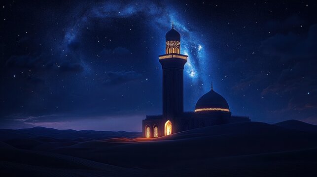 illuminated mosque with tall minaret and dome on rolling desert sand dunes beneath a luminous milky way, a tranquil and mystical nightscape