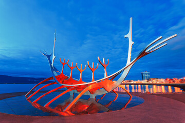 Reykjavik, Iceland. Solfar or The Sun Voyager sculpture before nightfall.