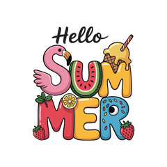 Fototapeta premium Colorful summer lettering featuring a flamingo watermelon ice cream and other fruits