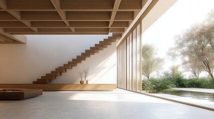 Fototapeta premium sunlit minimalist living space with floating wooden staircase, coffered ceiling, low bench with vases and floor-to-ceiling glass opening to garden and reflecting pool, calm serene atmosphere