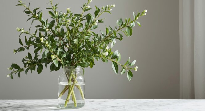 Beautiful ruscus branch arrangement in white jar with water on a spring morning