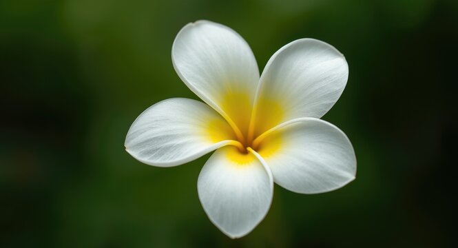 Close view of tropical Tiare flower showing delicate white petals and yellow core with soft focus