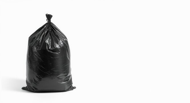Empty black trash bag displayed on a spotless white background with copy space
