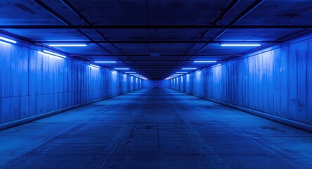 Fototapeta premium Blue light enhanced underground parking garage tunnel with concrete walls and futuristic design