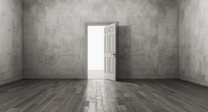 a stark empty room with a large open door in the middle